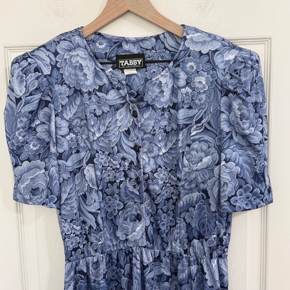 Tabby of California Blue Floral Midi Dress Vintage 90s Puff Sleeve Petite 16P - Picture 3 of 11